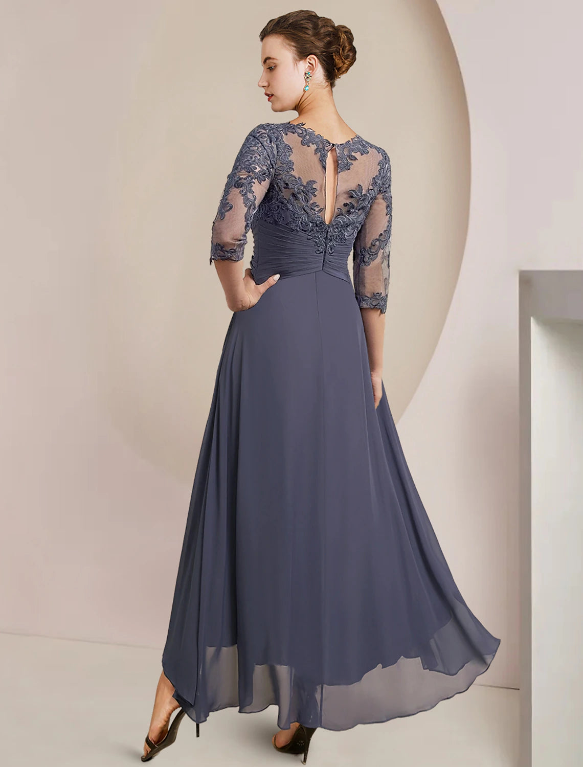 A-Line Mother of the Bride Dress Wedding Guest Elegant High Low Scoop Neck Asymmetrical Tea Length Chiffon Lace 3/4 Length Sleeve