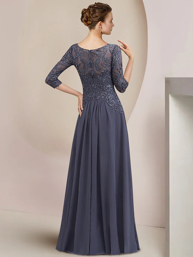 A-Line Mother of the Bride Dress Formal Elegant Scoop Neck Floor Length Tea Length Chiffon Lace Half Sleeve