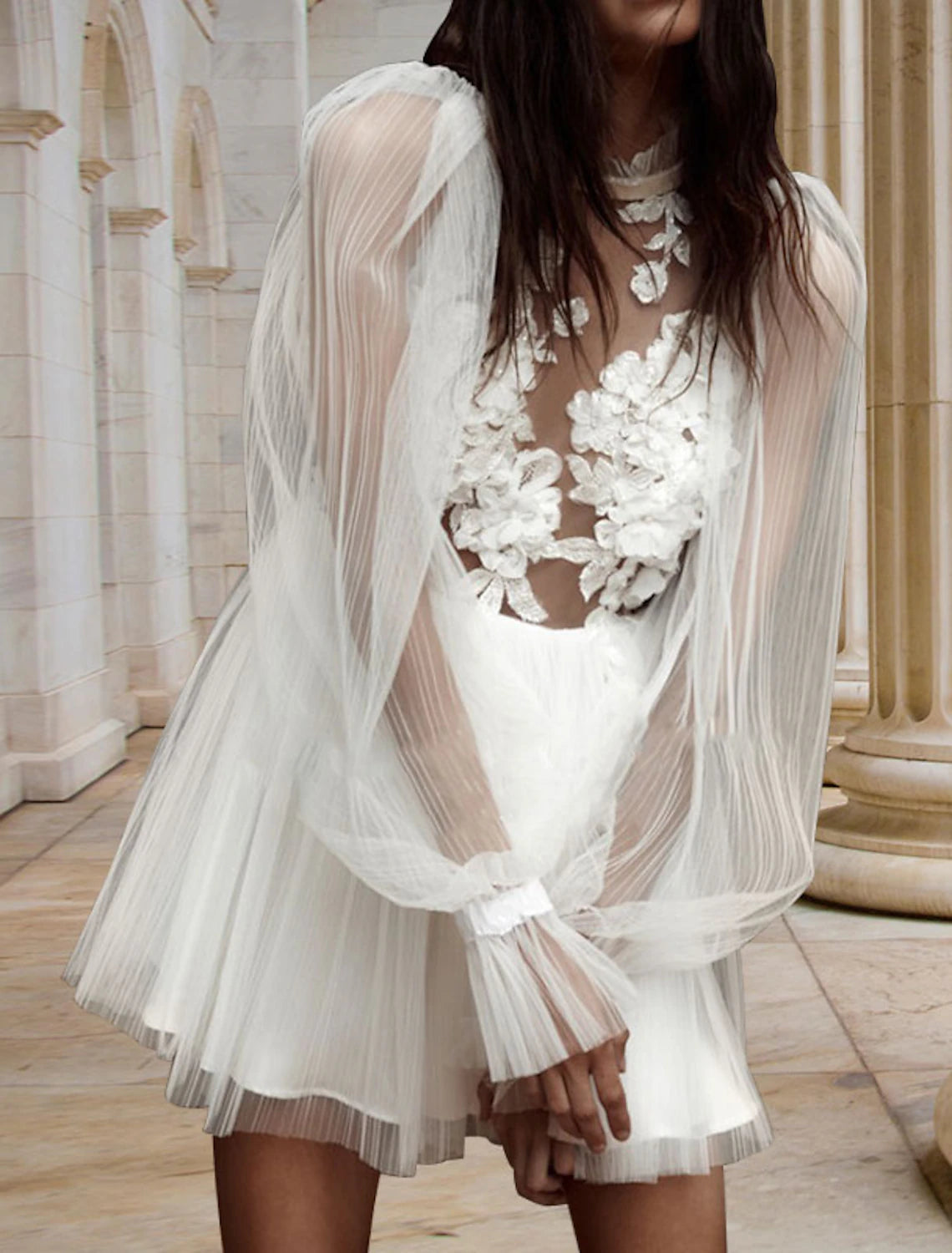 Reception Open Back Little White Dresses Wedding Dresses A-Line High Neck Long Sleeve Short / Mini Satin Bridal Gowns With Pleats