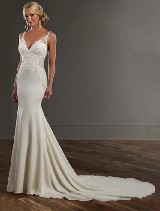 Engagement Open Back Sexy Formal Wedding Dresses Mermaid / Trumpet V Neck Sleeveless Chapel Train Lace Bridal Gowns