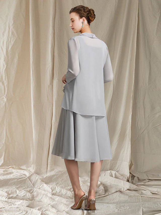 Two Piece A-Line Mother of the Bride Dress Church Elegant Jewel Neck Knee Length Chiffon Lace Sleeveless Wrap Included