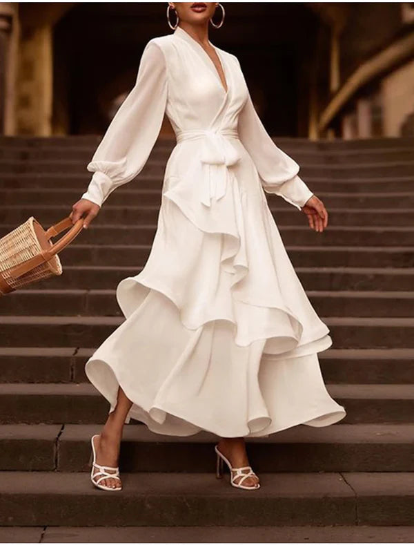Reception Little White Dresses Wedding Dresses A-Line V Neck Long Sleeve Asymmetrical Chiffon Bridal Gowns With Cascading Ruffles