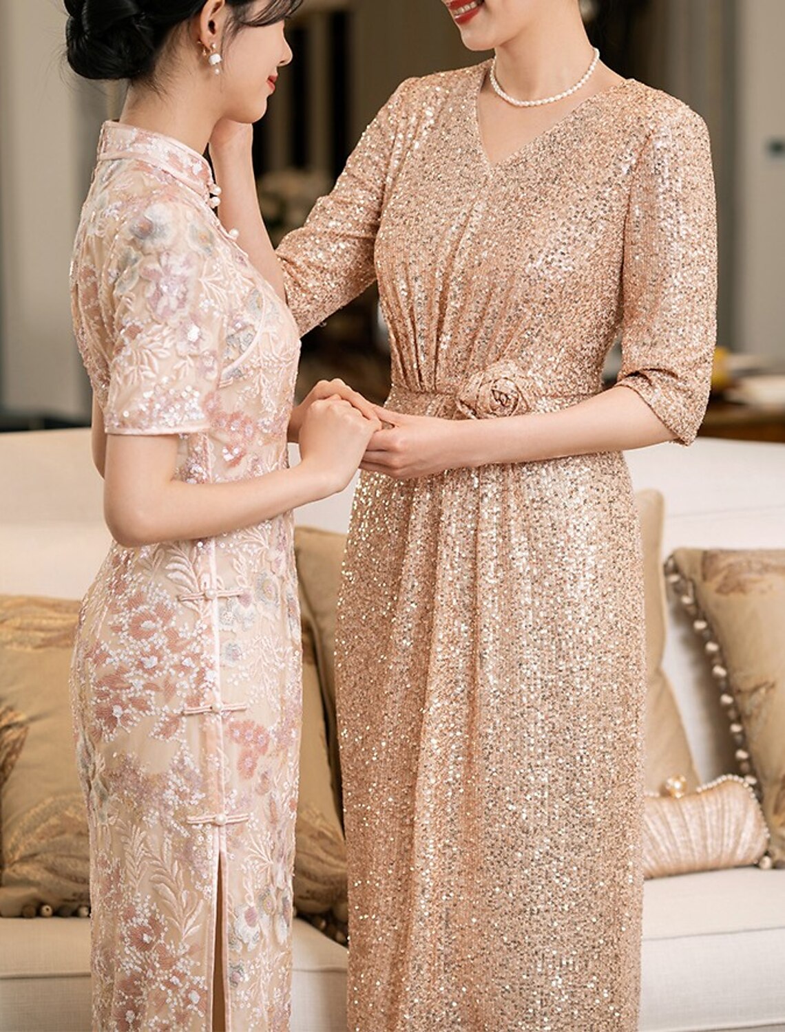 Sheath / Column Cocktail Dresses Sparkle & Shine Dress Wedding Party Floor Length Half Sleeve V Neck Sequined with Sequin