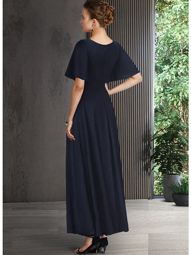 A-Line Mother of the Bride Dress Elegant V Neck Ankle Length Chiffon Half Sleeve with Pleats Crystal