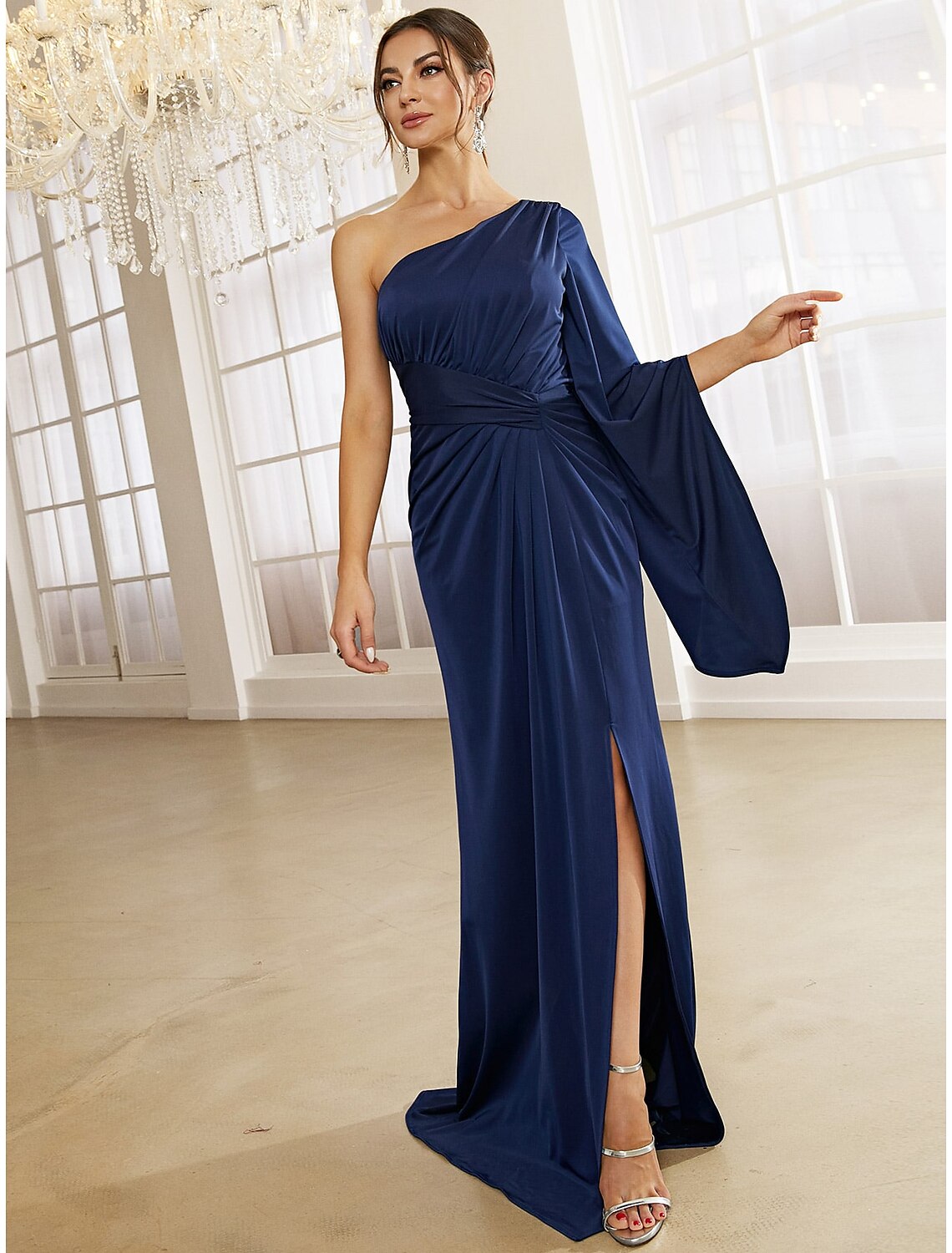A-Line Evening Gown Elegant Dress Formal Fall Sweep / Brush Train Long Sleeve One Shoulder Stretch Fabric with Pleats