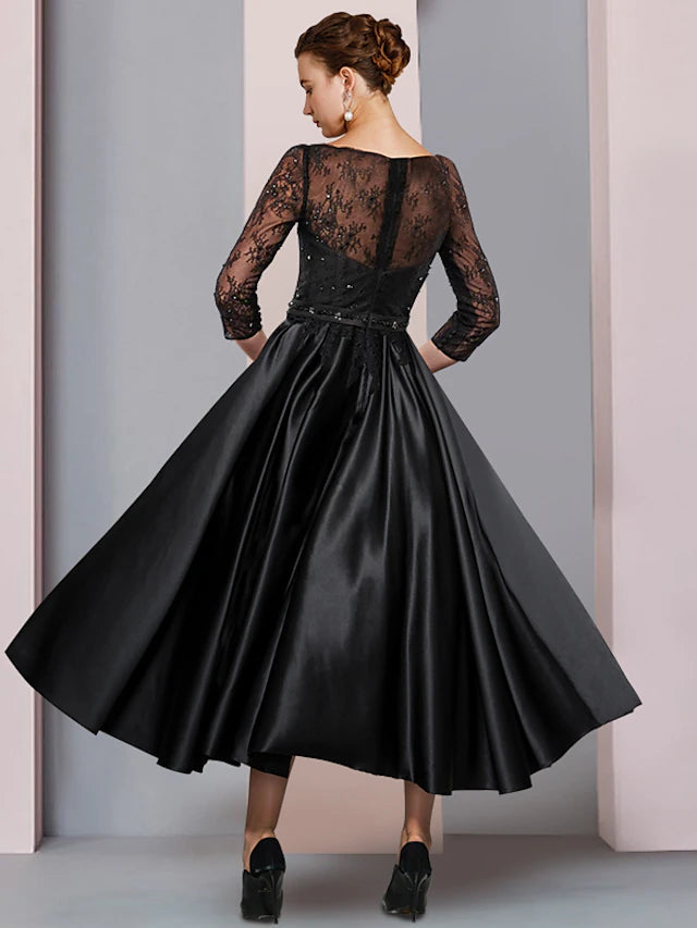 A-Line Mother of the Bride Dress Formal Wedding Guest Party Elegant Scoop Neck Tea Length Satin Lace 3/4 Length Sleeve with Sash Pleats