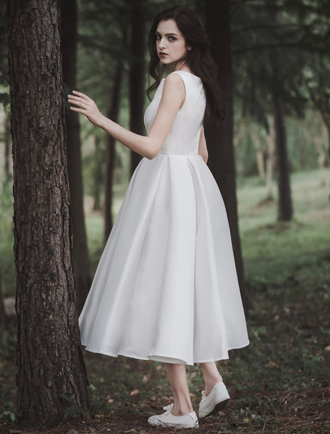 Reception Little White Dresses Wedding Dresses A-Line Scoop Neck Sleeveless Tea Length Satin Bridal Gowns