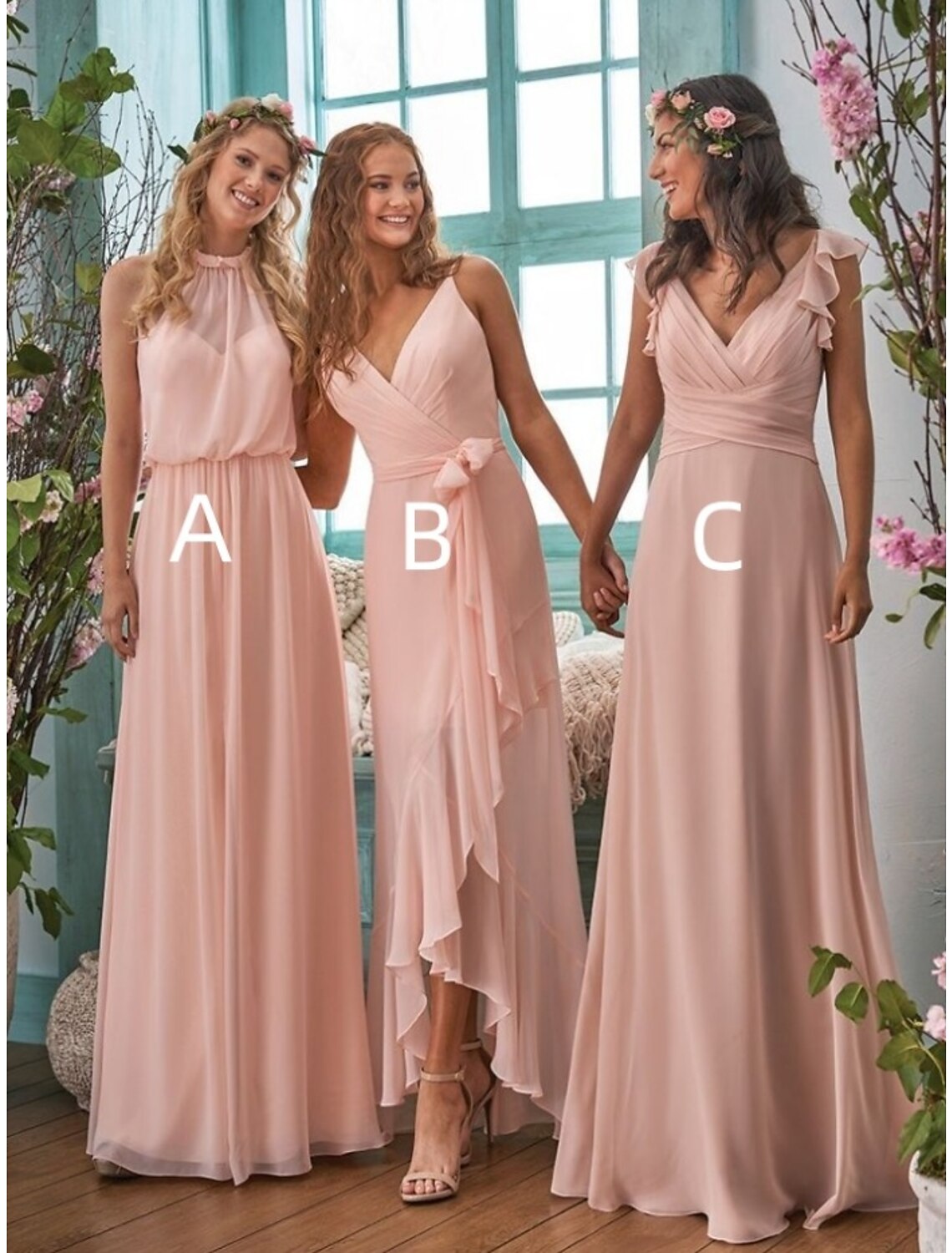 A-Line Bridesmaid Dress Halter Neck / V Neck Sleeveless Elegant Floor Length Chiffon with Split Front / Ruching