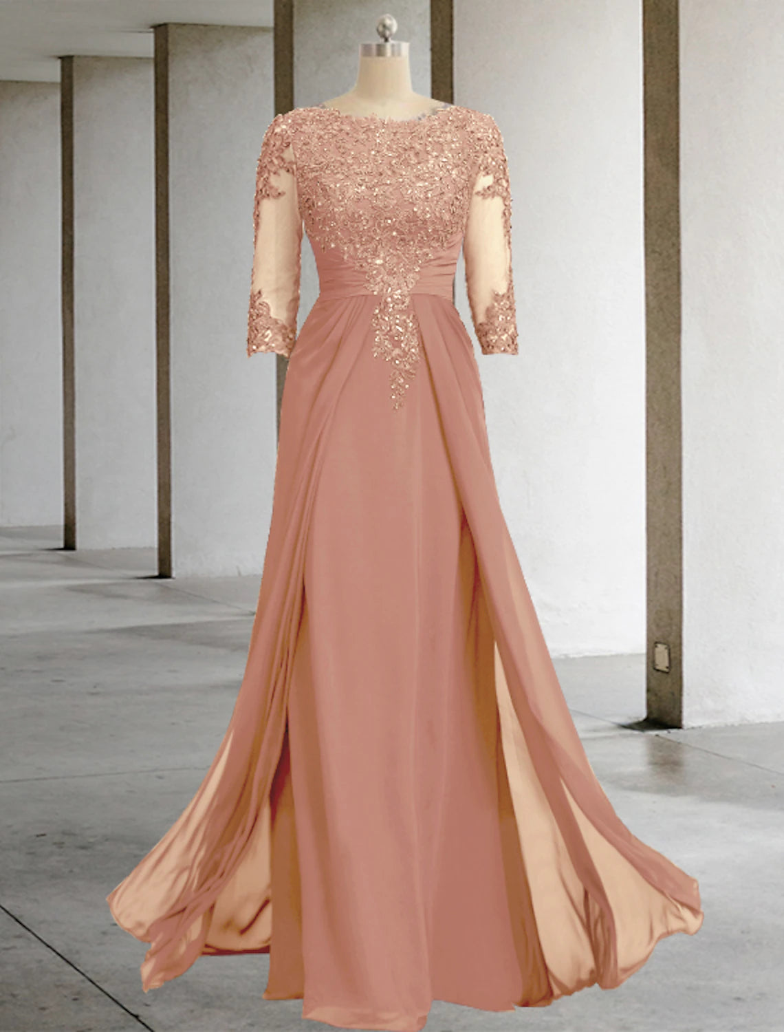 Sheath / Column Mother of the Bride Dress Formal Fall Wedding Guest Elegant Sequin Scoop Neck Floor Length Chiffon Lace 3/4 Sleeve with Appliques Sparkle