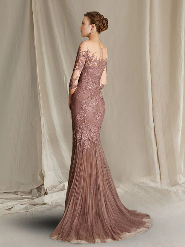 Mermaid / Trumpet Mother of the Bride Dress Elegant Jewel Neck Sweep / Brush Train Lace Tulle Half Sleeve