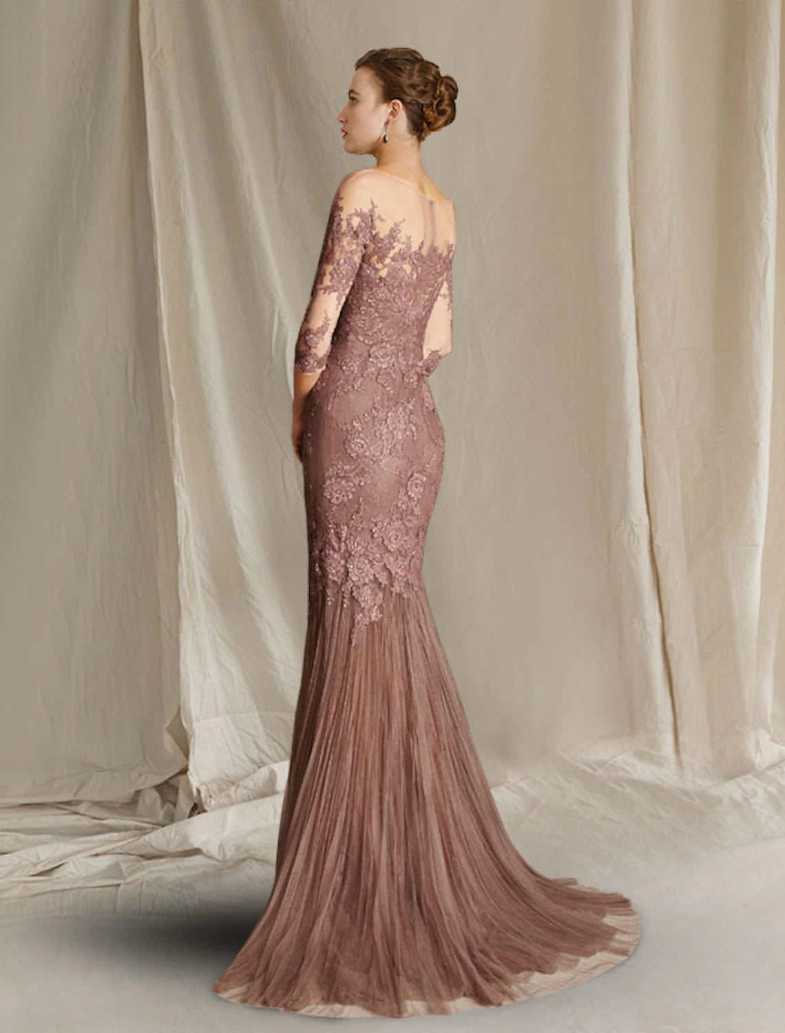 Mermaid / Trumpet Mother of the Bride Dress Fall Wedding Guest Elegant Jewel Neck Sweep / Brush Train Lace Tulle Half Sleeve