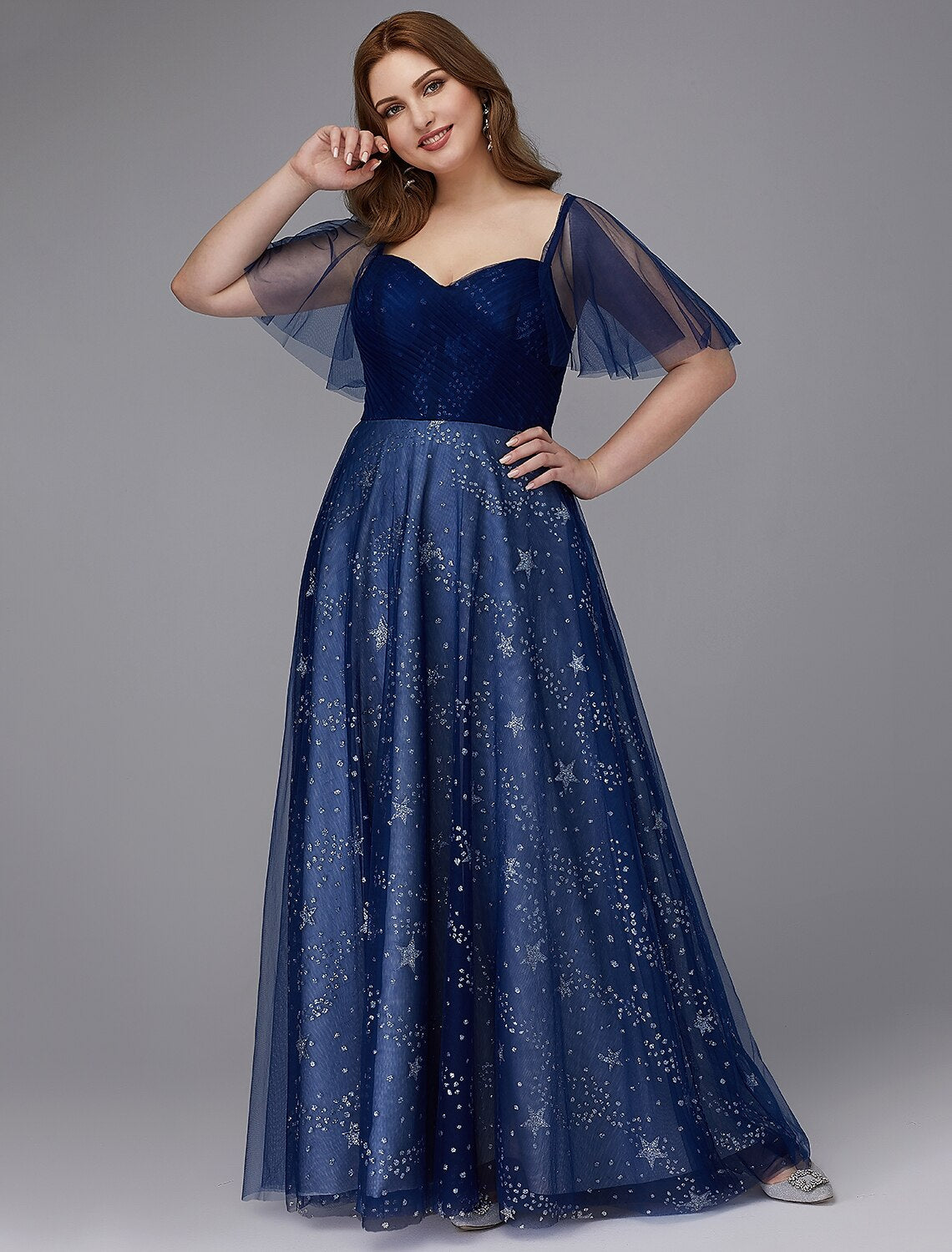 A-Line Plus Size Dress Wedding Guest Prom Floor Length Short Sleeve Sweetheart Tulle Lace-up with Beading Pattern