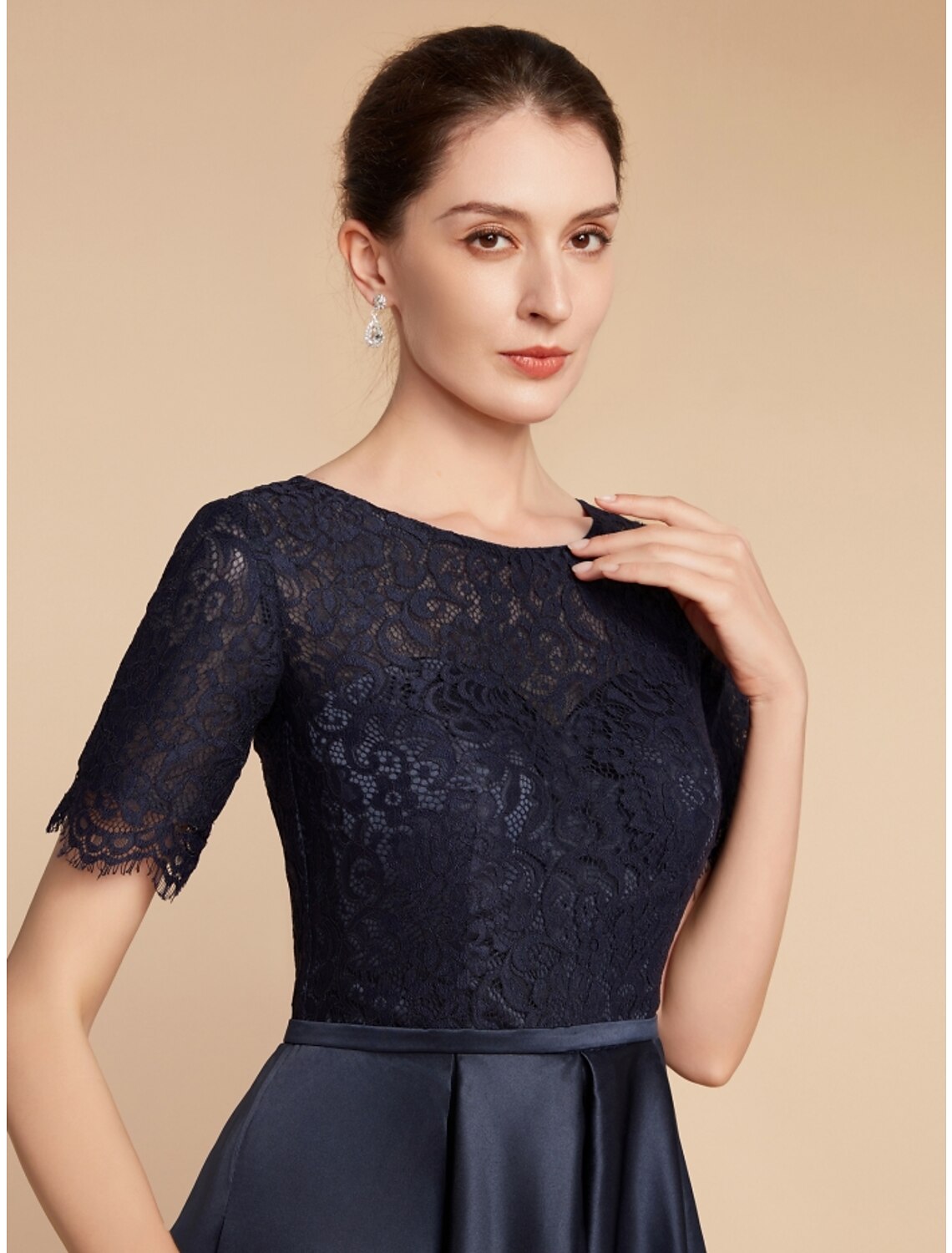 A-Line Mother of the Bride Dress Wedding Guest Elegant Jewel Neck Asymmetrical Satin Lace Short Sleeve with Ruching