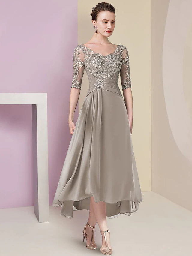 Two Piece A-Line Mother of the Bride Dress Formal Wedding Guest Elegant High Low V Neck Asymmetrical Tea Length Chiffon Lace Half Sleeve Wrap Included with Ruched