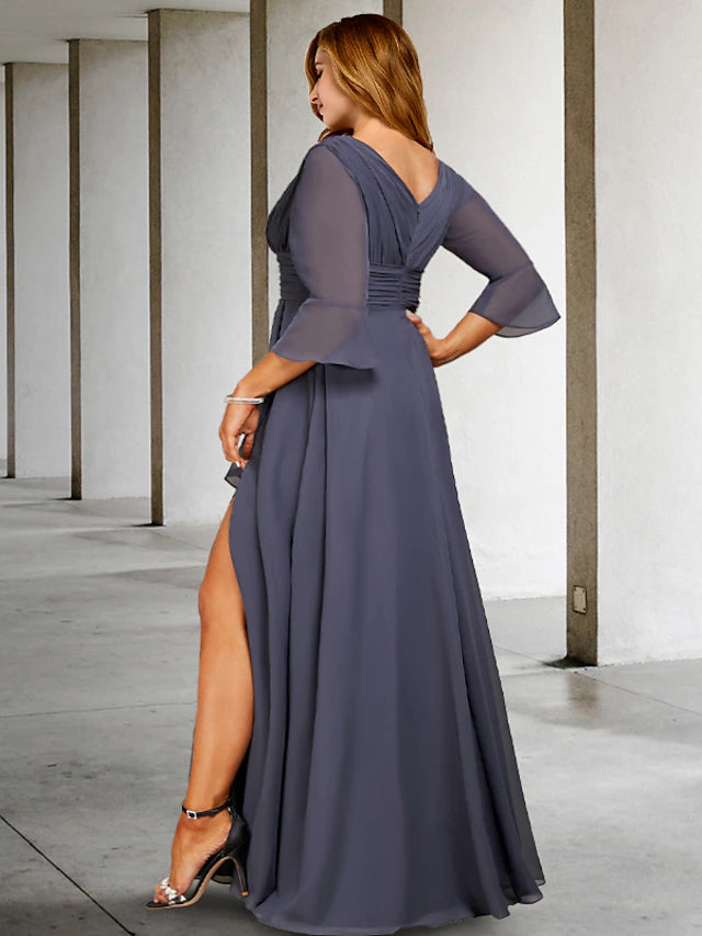 A-Line Plus Size Curve Mother of the Bride Dresses Elegant Dress Formal Asymmetrical 3/4 Length Sleeve V Neck Chiffon with Pleats