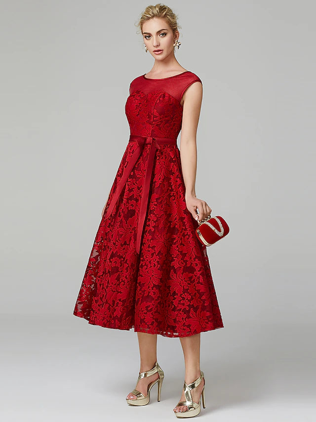 A-Line Elegant Dress Cocktail Party Tea Length Sleeveless Illusion Neck All Over Floral Lace