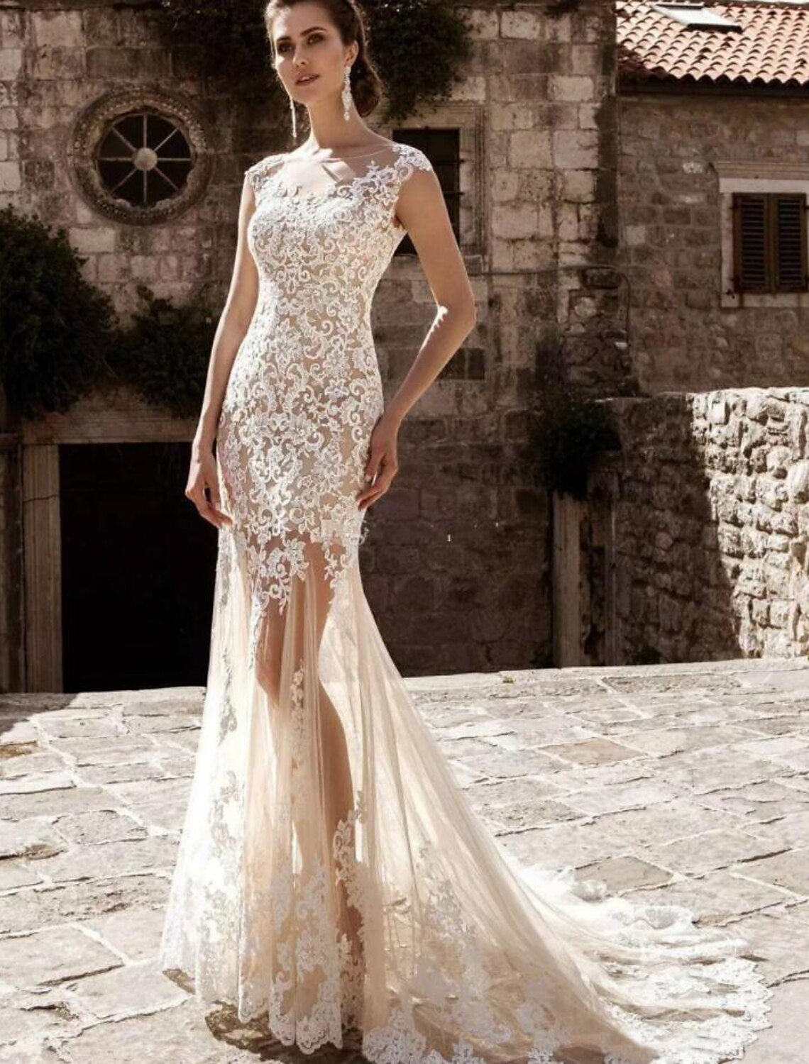 Engagement Formal Wedding Dresses Mermaid / Trumpet Illusion Neck Cap Sleeve Court Train Lace Bridal Gowns
