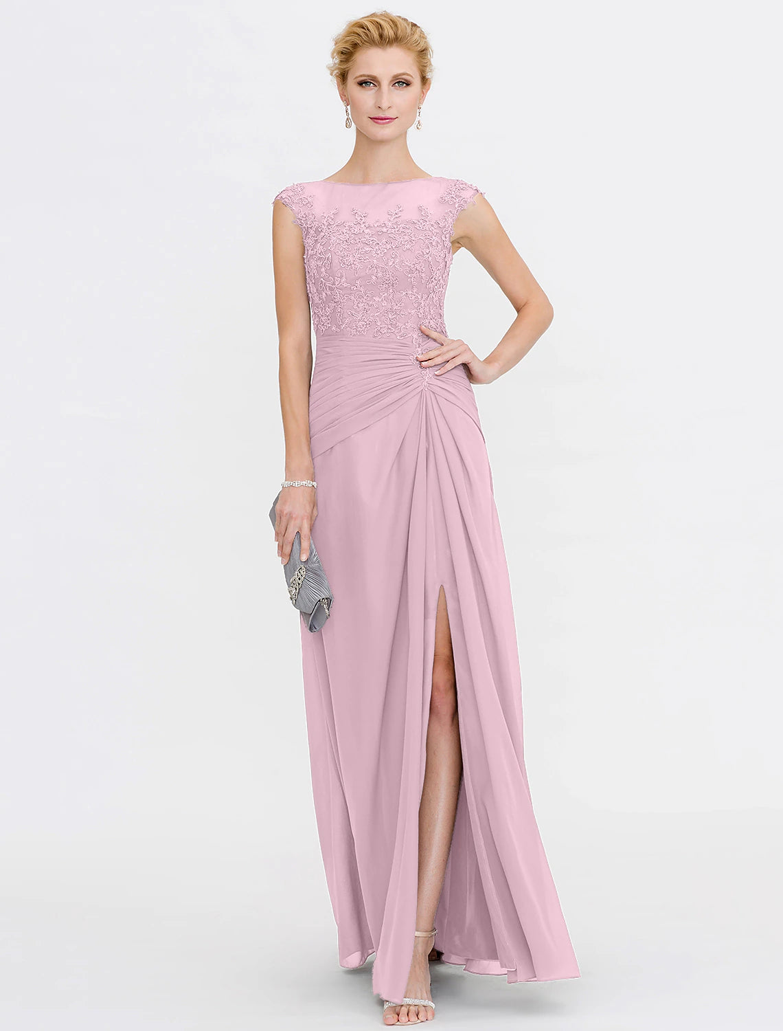 A-Line Mother of the Bride Dress Wedding Guest Elegant See Through Bateau Neck Floor Length Chiffon Lace Sleeveless