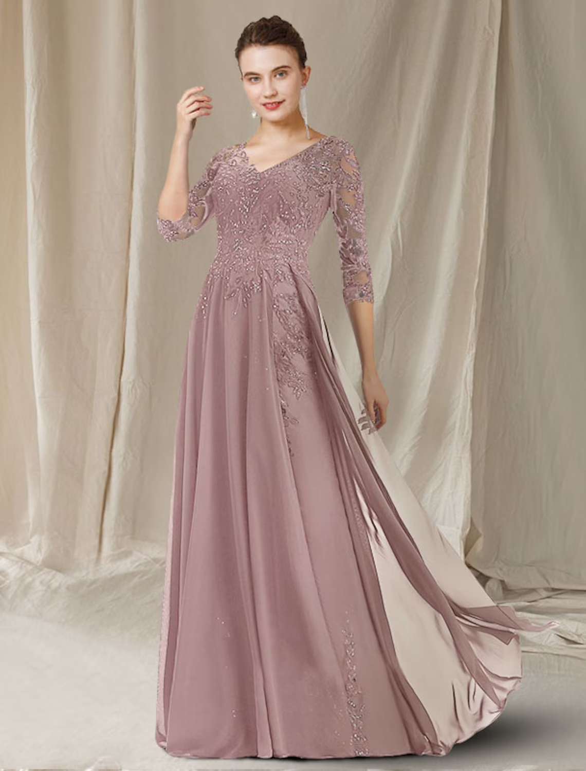 A-Line Mother of the Bride Dress Elegant V Neck Floor Length Chiffon Lace Sequined Half Sleeve