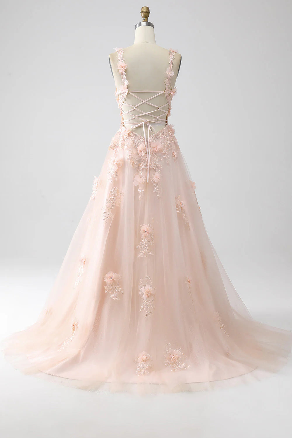 A-Line Spaghetti Straps Long Prom Dress with Appliques With Flower