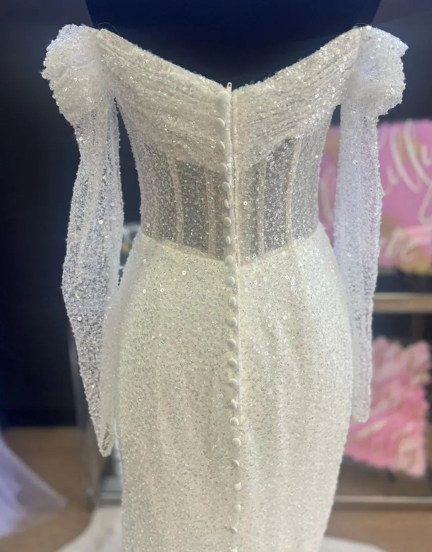 Sheath Column The Shoulder Wedding Dress With Sequin Off Shoulder Sparkly Without Headscarf