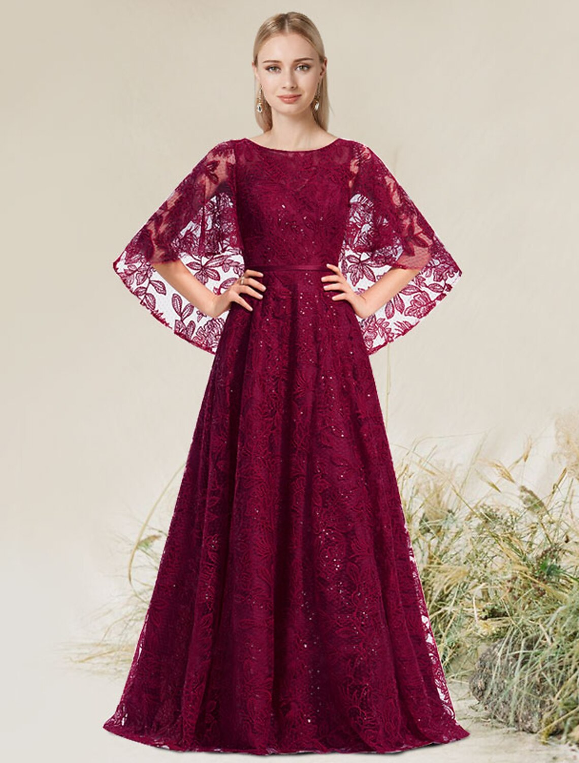 A-Line Elegant Floral Wedding Guest Formal Evening Birthday Dress Jewel Neck Short Sleeve Floor Length Lace