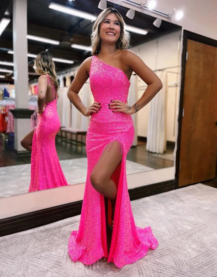 Sparkly Sequin One Shoulder Long Glitter Prom Dress Sexy