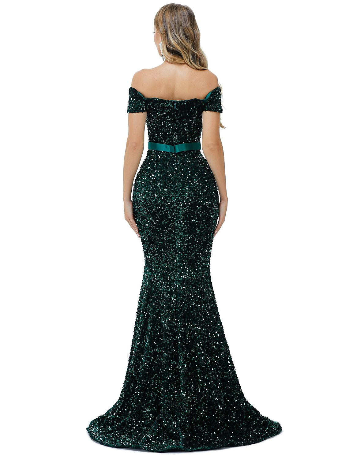 Mermaid / Trumpet Sparkle bodycon Engagement Formal Evening Dress Off Shoulder Cowl Back Sleeveless Court Train Sequined