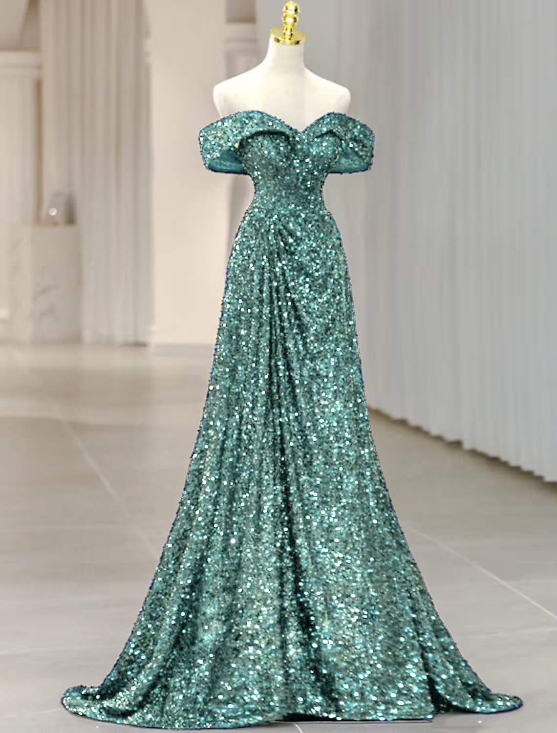 A-Line Evening Gown Sparkle & Shine Dress Formal Sweep / Brush Train Sleeveless Off Shoulder Sequined