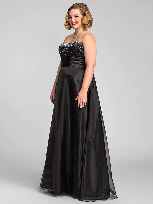 A-Line Little Black Dress Dress Prom Floor Length Sleeveless Sweetheart Organza with Ruched