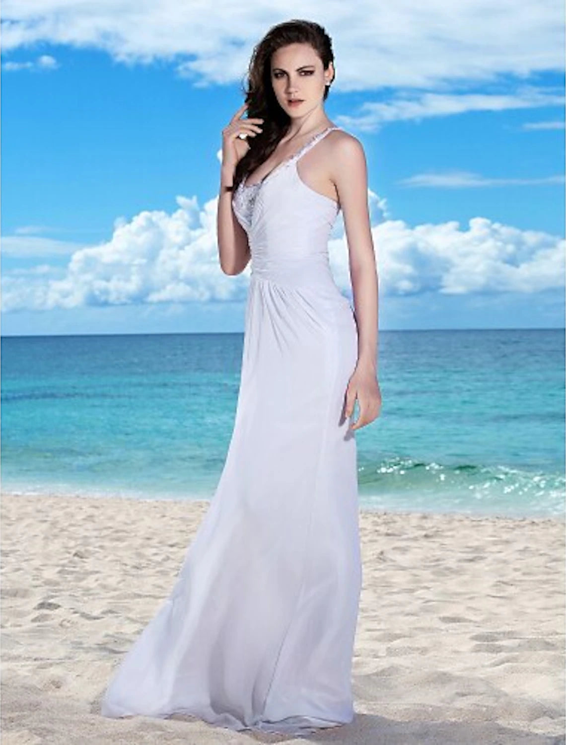 Beach Wedding Dresses Sheath / Column Spaghetti Strap Sleeveless Floor Length Chiffon Bridal Gowns With Ruched