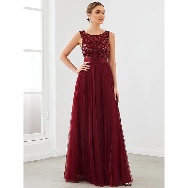 A-Line Bridesmaid Dress Jewel Neck Sleeveless Sparkle & Shine Floor Length Tulle