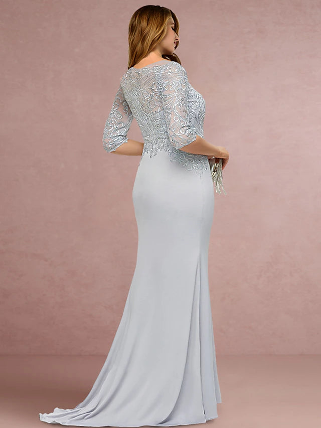Plus Size Curve Mother of the Bride Dress Wedding Guest Vintage Elegant Scoop Neck Sweep / Brush Train Chiffon Lace Half Sleeve