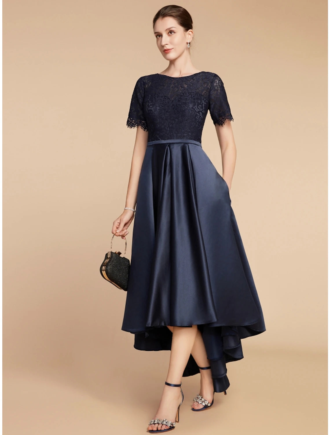 A-Line Mother of the Bride Dress Wedding Guest Elegant Jewel Neck Asymmetrical Satin Lace Short Sleeve with Ruching
