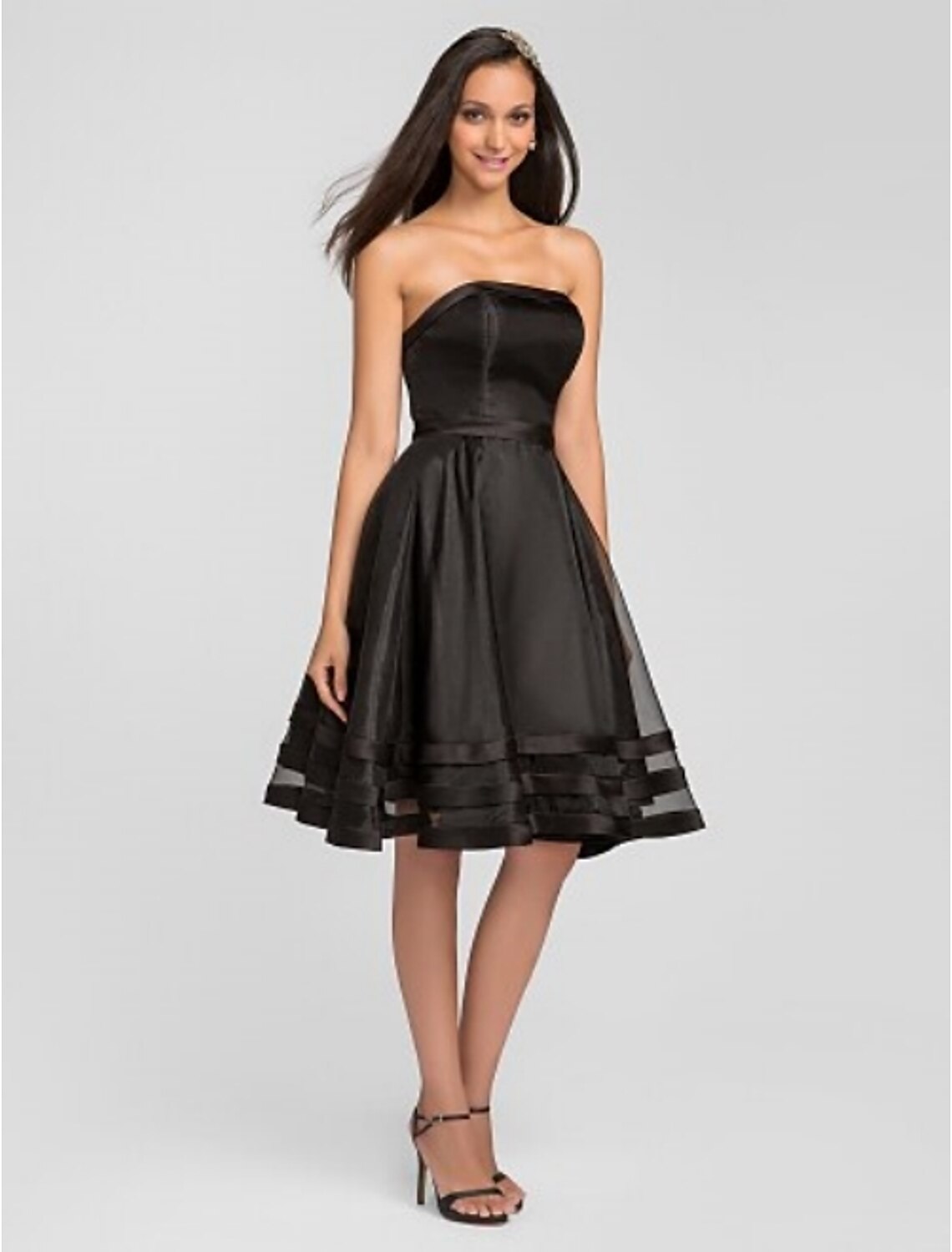 A-Line Strapless Knee Length Organza Bridesmaid Dress with Pleats Ruffles