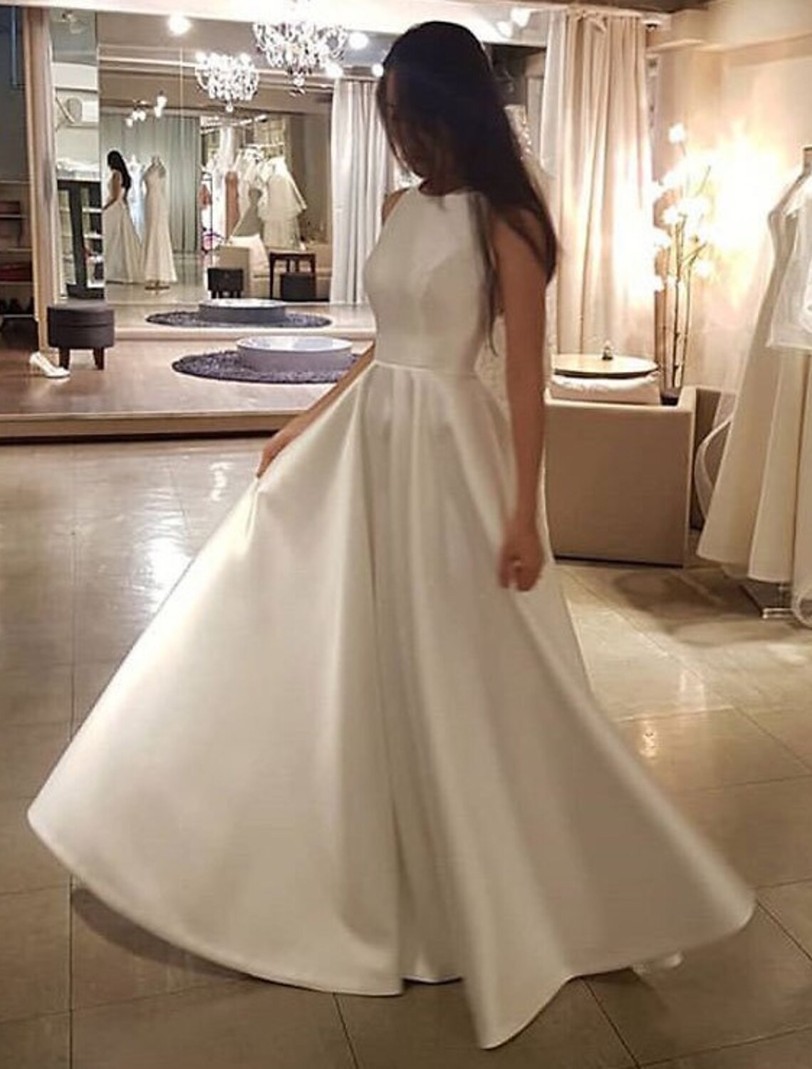 Reception Casual Wedding Dresses A-Line Scoop Neck Sleeveless Sweep / Brush Train Satin Bridal Gowns