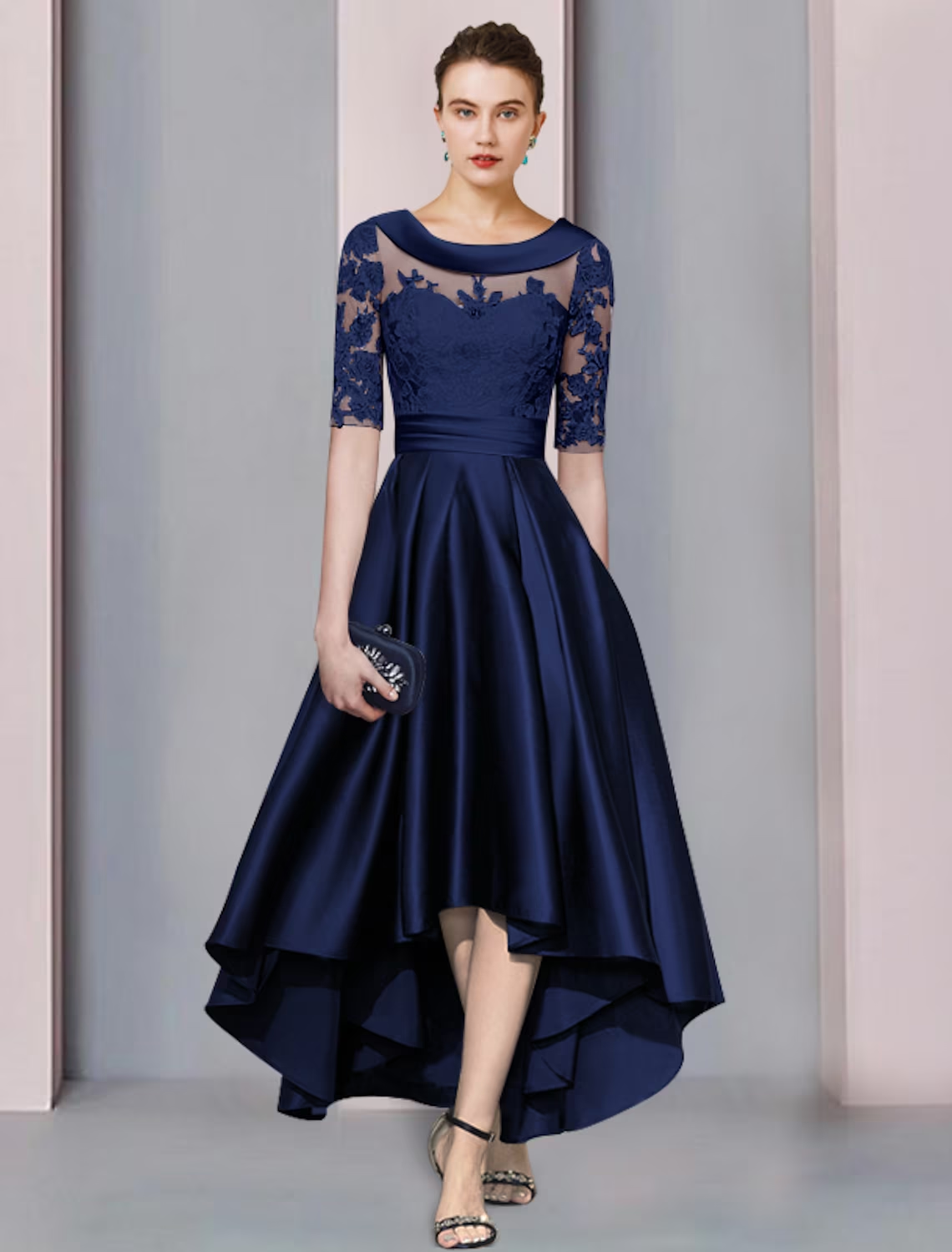 A-Line Mother of the Bride Dress Wedding Guest Elegant High Low Scoop Neck Asymmetrical Tea Length Satin Lace Half Sleeve
