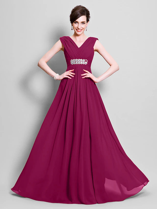 A-Line Mother of the Bride Dress Open Back V Neck Floor Length Chiffon Sleeveless with Beading Side