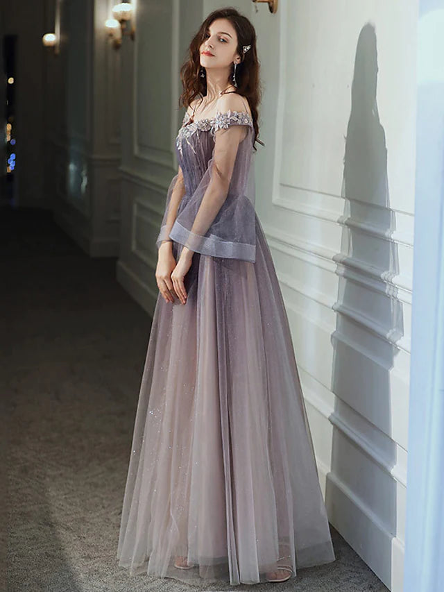 A-Line Minimalist Elegant Party Wear Prom Dress Off Shoulder Long Sleeve Floor Length Tulle