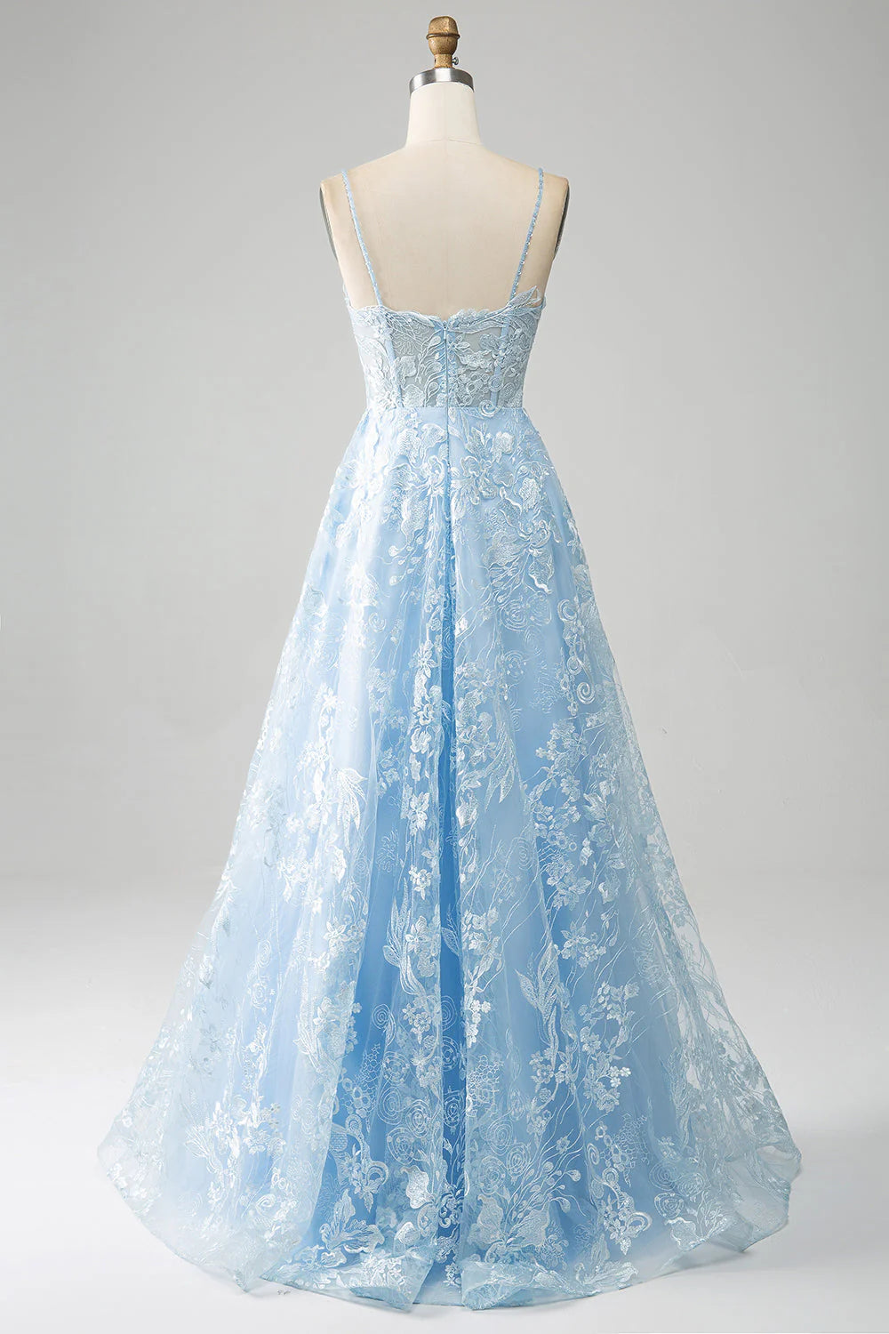 A-Line Spaghetti Straps Lace Long Corset Prom Dress V-neck Sexy