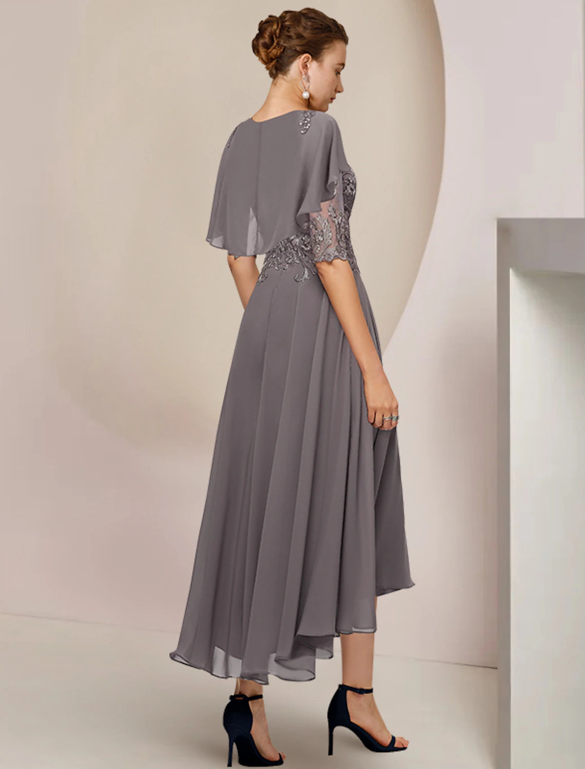 A-Line Mother of the Bride Dress Formal Wedding Guest Elegant Scoop Neck Asymmetrical Tea Length Chiffon Lace Half Sleeve