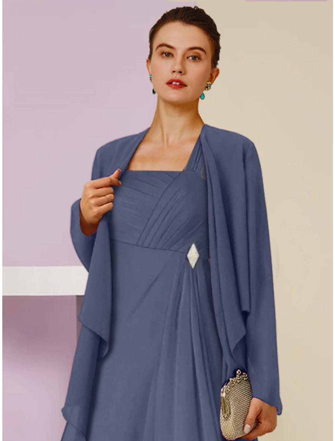 A-Line Mother of the Bride Dress Wedding Guest Elegant Square Neck Ankle Length Chiffon Long Sleeve with Crystal Brooch