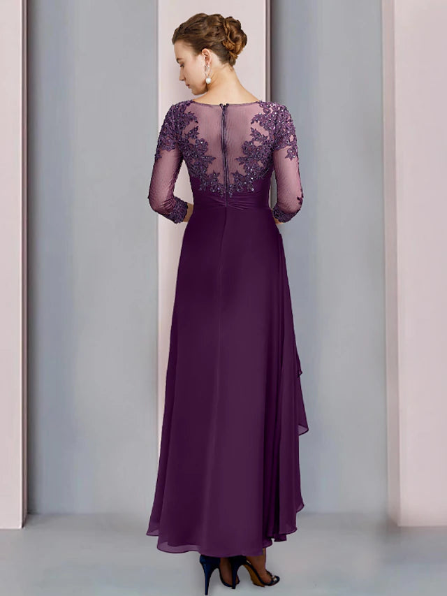 Sheath / Column Mother of the Bride Dress Wedding Guest Party Elegant Scoop Neck Ankle Length Chiffon Lace 3/4 Length Sleeve