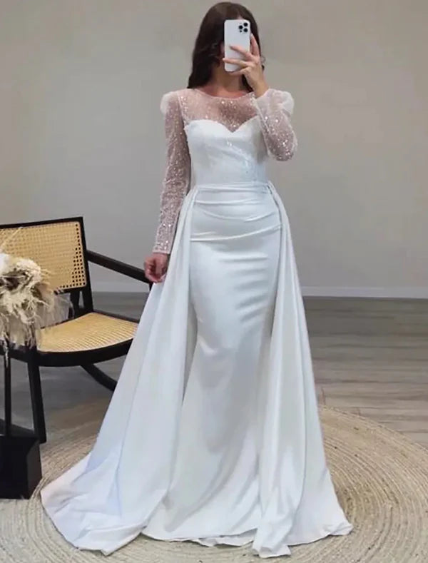 Mermaid Sequin Evening Gown Ruched Satin Dress Long Sleeves Floor Length Sparkle Illusion Neck Fall Wedding Guest Dress with Pearls