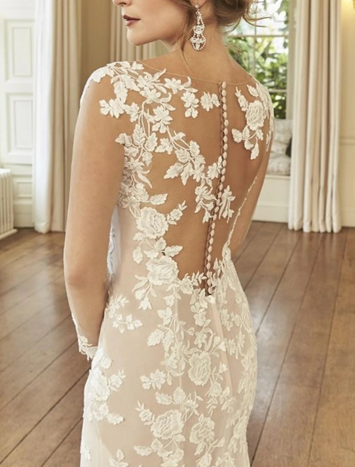 Engagement Formal Wedding Dresses Mermaid / Trumpet Illusion Neck Long Sleeve Court Train Lace Bridal Gowns