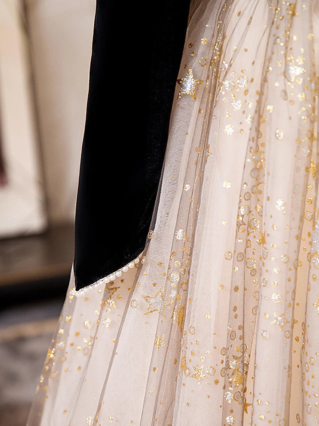 A-Line Prom Dresses Sparkle & Shine Dress Engagement Floor Length Long Sleeve Sweetheart Tulle