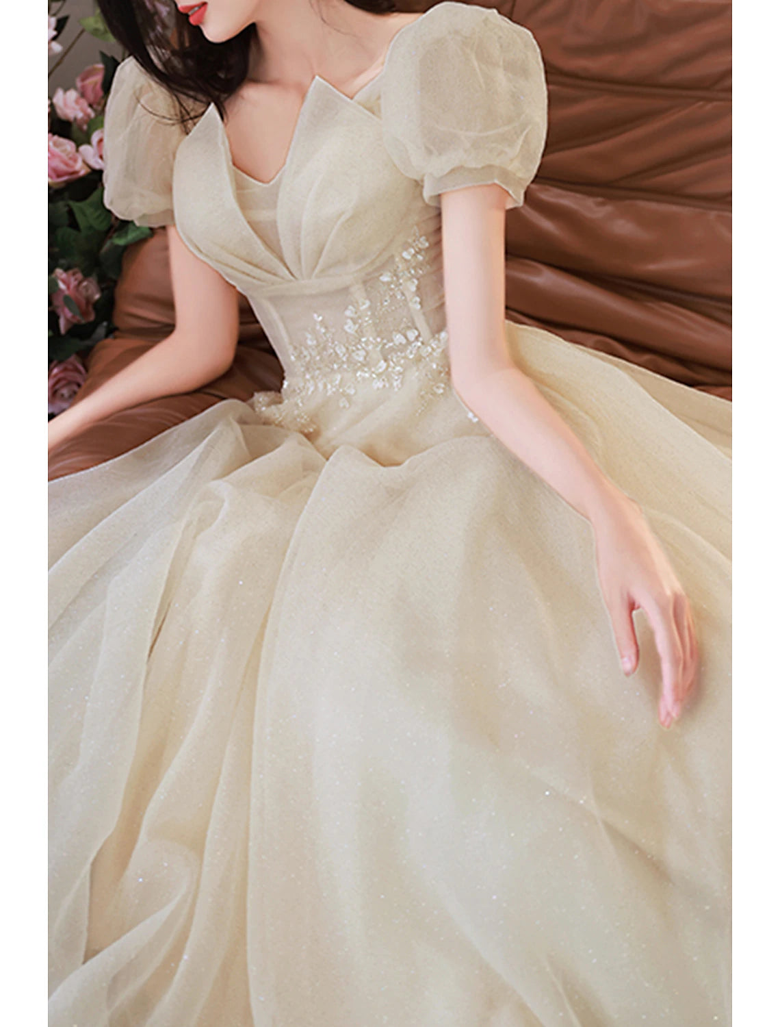 A-Line Prom Dresses Sparkle & Shine Dress Prom Valentine's Day Floor Length Short Sleeve V Neck Tulle