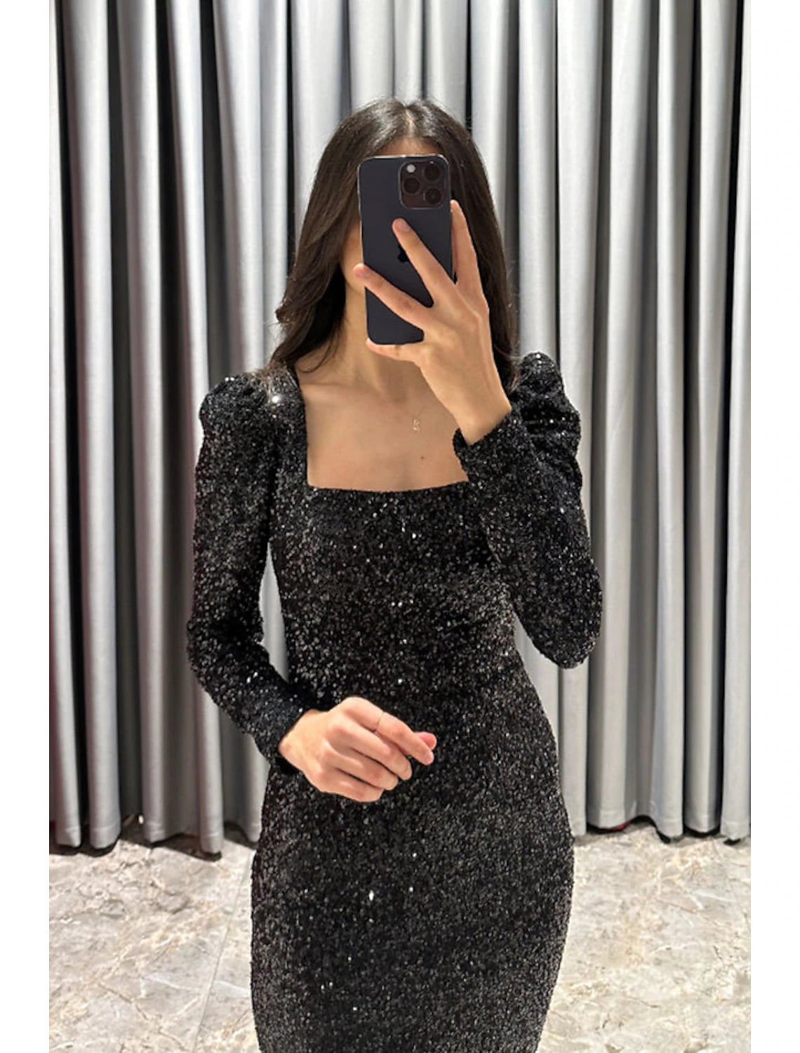 Sheath / Column Evening Gown Elegant Black Dress Formal Fall Tea Length Long Sleeve Square Neck Sequined