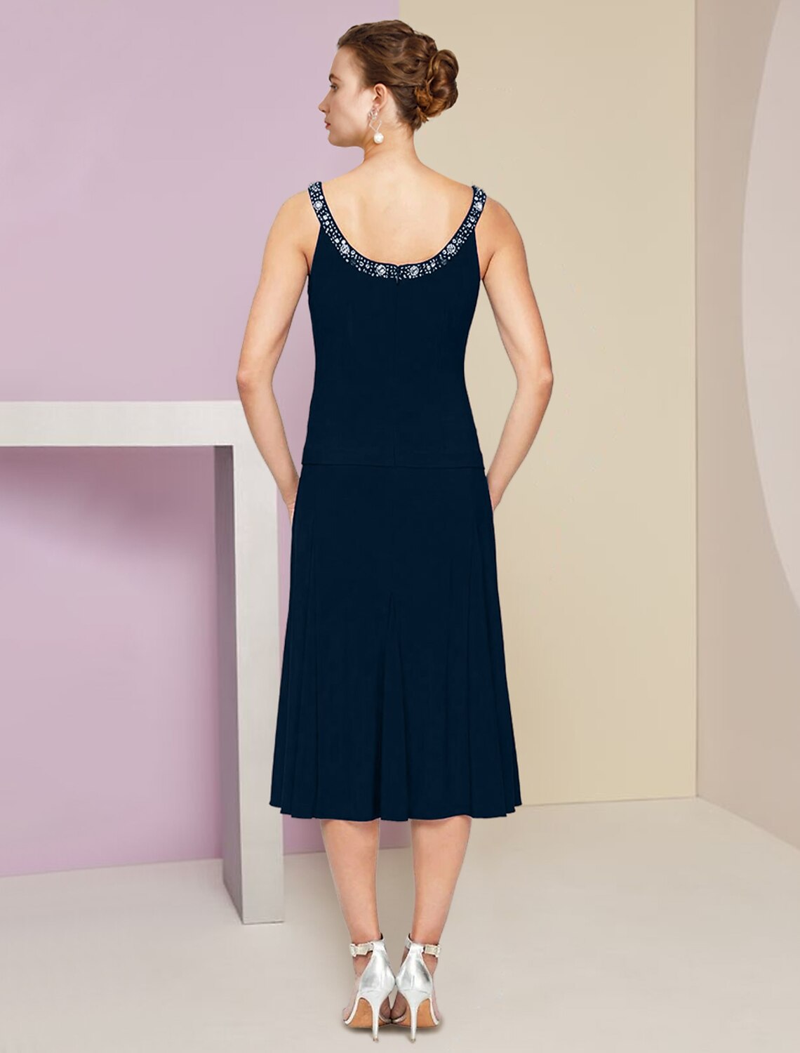 A-Line Mother of the Bride Dress Wedding Guest Elegant Petite Jewel Neck Knee Length Stretch Fabric 3/4 Length Sleeve with Pleats