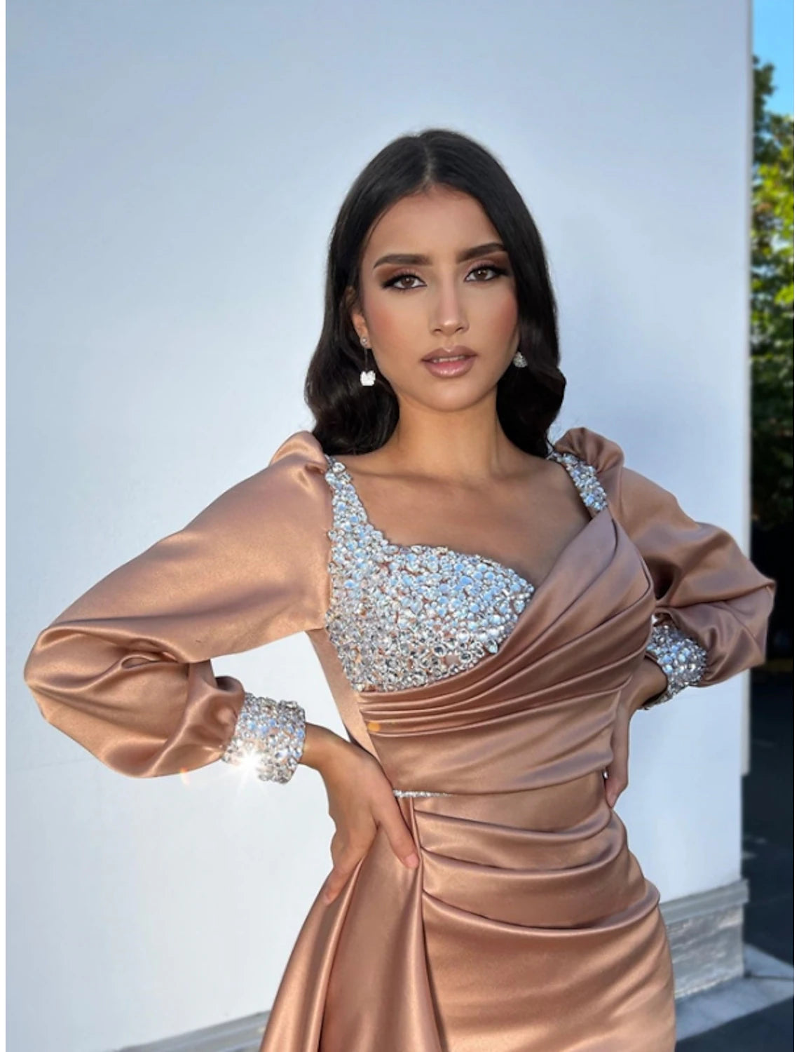 A-Line Evening Gown Sparkle & Shine Dress Formal Fall Court Train Long Sleeve Square Neck Satin with Glitter